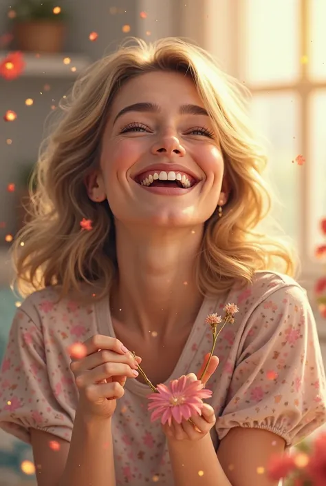 Create an image of a mom who is very happy and who has a phrase "Happy day mom!