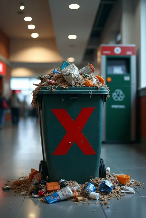 Image of a regular trash bin with a pile and a large "X" vermelho, followed by a correct collection point.