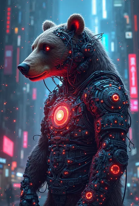 Cyberpunk bear t-shirt design with mechanical parts and a glowing energy core. Its electric aura sparks with neon colors and gli...