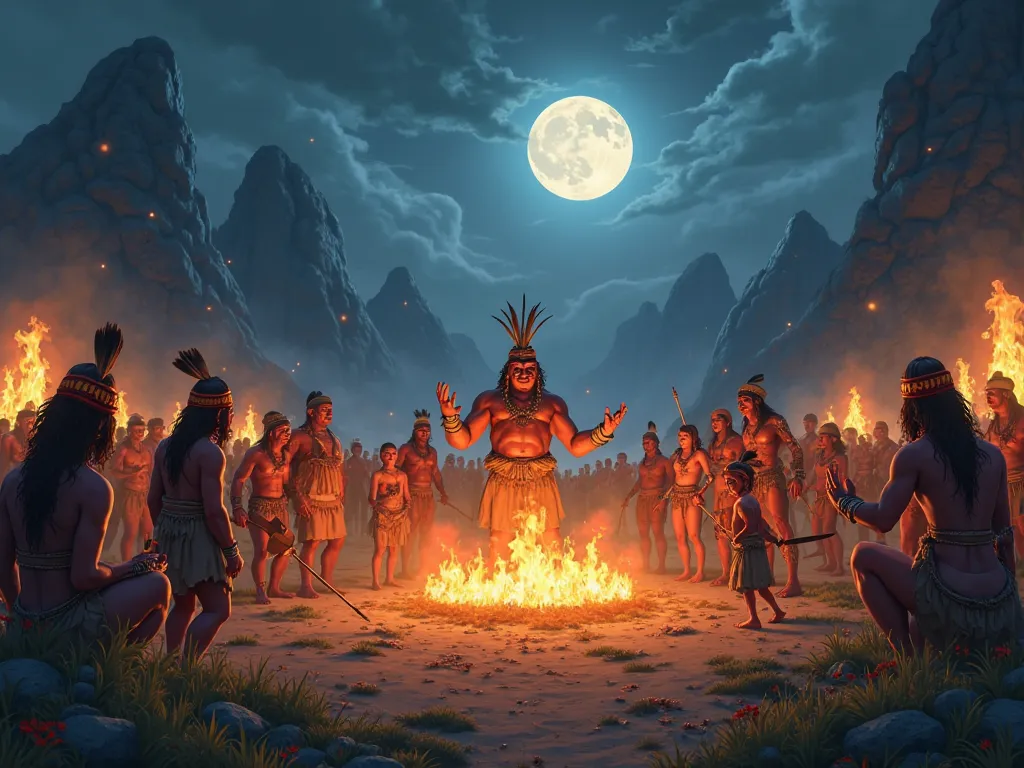 Horizontal animated image of an ancient tribe in full ritual celebration. The scene shows spiritual leaders surrounded by torche...