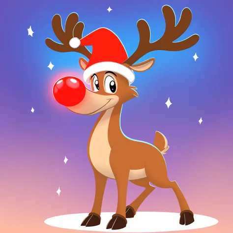 Christmas reindeer, Wearing a christmas hat, big long snout, Big glowing red nose, toon Reindeer, toon nose, toon reindeer