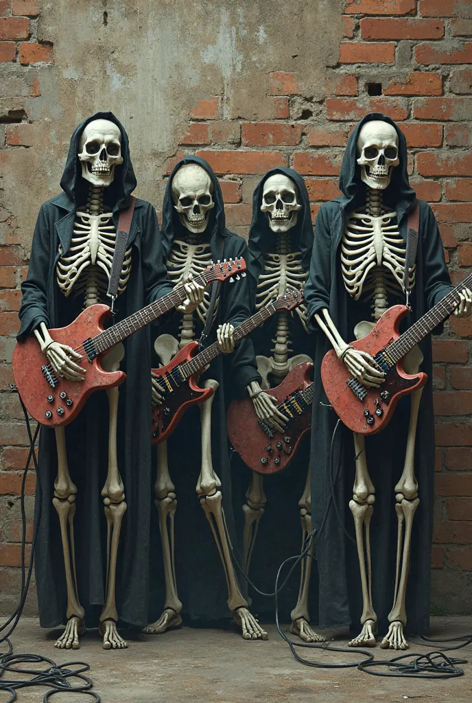 Create an image of the Ramones in the shape of skeletons playing their instruments against a brick wall in the background