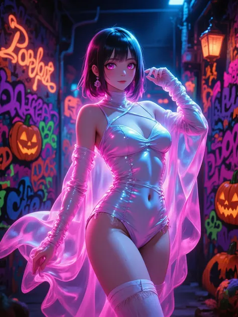 Halloween night: a backlit portrait of a girl in a fluorescent bandage outfit, striking a playful pose. Strong bottom light shin...