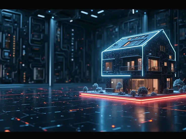 A futuristic smart home glowing with high-tech lights, positioned on the right side of the image, leaving the left side empty fo...