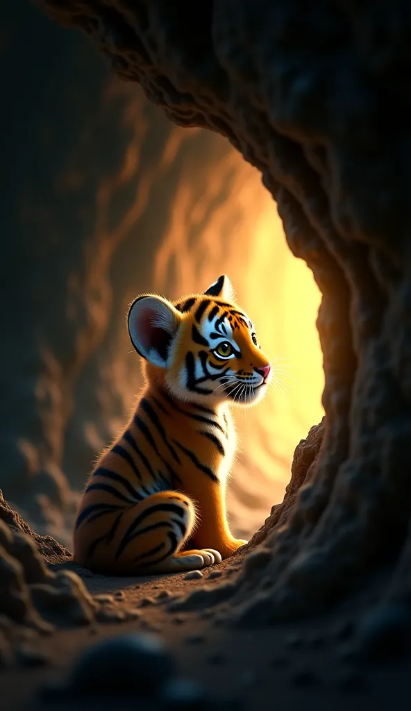The light grows stronger at the cave entrance. The cub stares at it. Bangla text appears: “কে আসবে ছোট বাঘকে বাঁচাতে?”