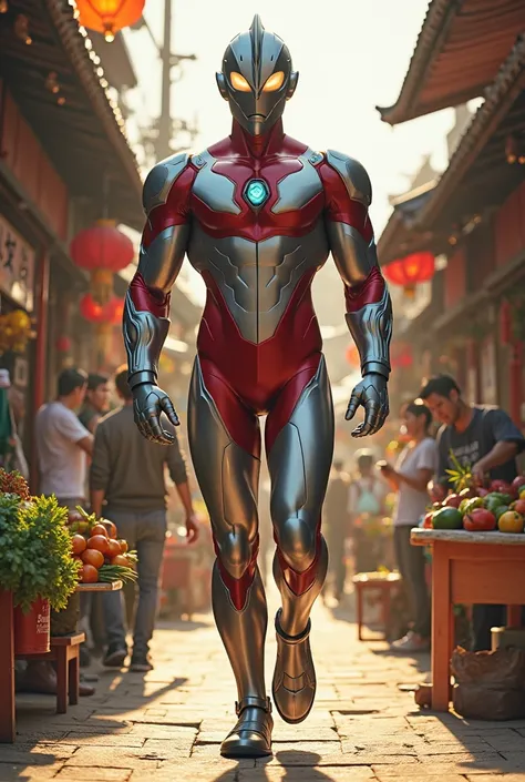 Ultraman is seen walking in the middle of a traditional market holding vegetables and fruit