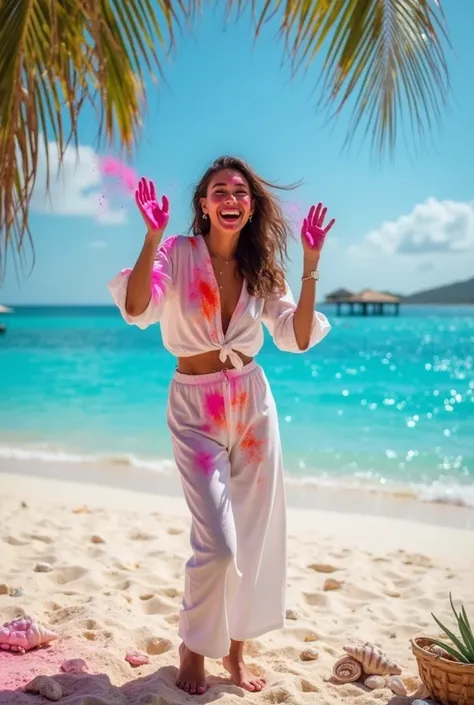 A joyful woman with fair skin wearing a stylish white outfit, celebrating Holi at a beachside. She is dancing happily with color...