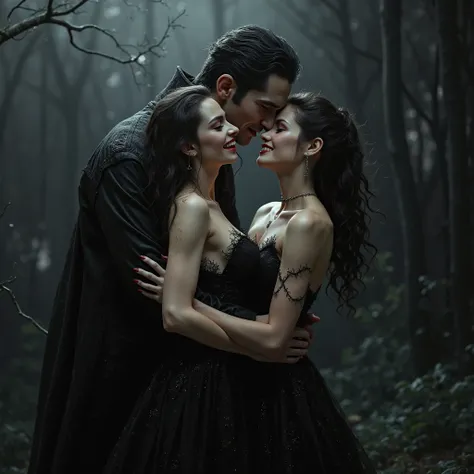 Two real female vampirines kiss each other, a real male vampire looks at them both sadly,dark creepy background, ultra-realisti...