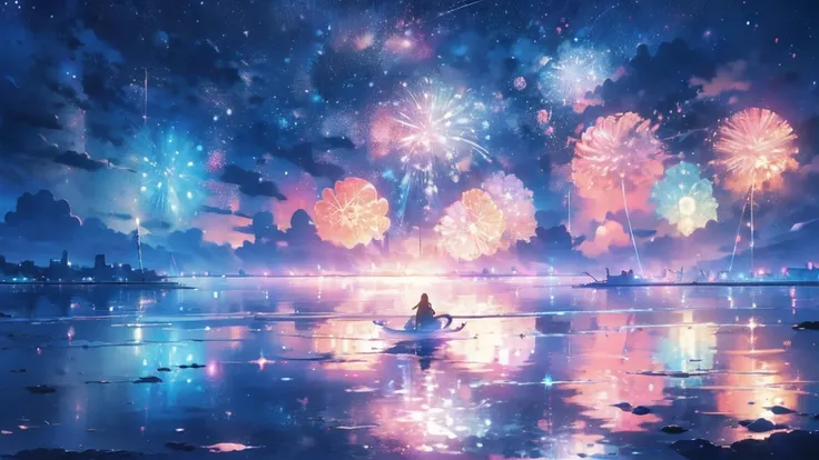 On a serene island, multicolored fireworks burst across the sky, casting vibrant reflections on the calm sea. The fireworks' int...