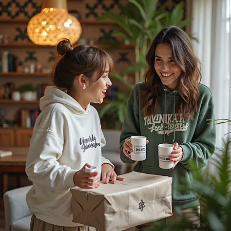 A popular influencer or celebrity presenting their custom merchandise (like branded t-shirts, mugs, hoodies) to an excited fanba...