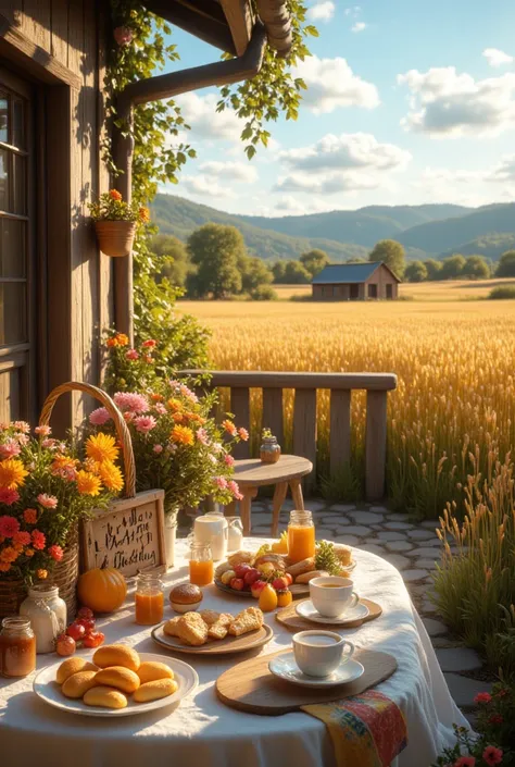 An outside terrace balcony of a cabin where on the table there is a basket with freshly baked bread, some wheat stalks as decora...