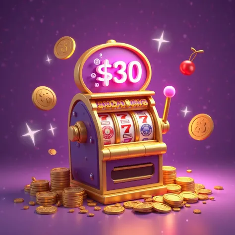"Cartoon casino slot machine, golden coins and poker chips scattered, vibrant purple and gold color scheme, neon 'FREE $30' text...
