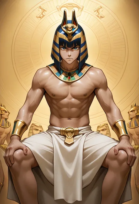 Ancient Egyptian theme, gold or treasure background, topless, wearing Egyptian jewelry, The lower half is wearing a very thin wh...