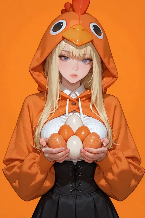 wearing an orange chicken hood,Sexy beauty holding eggs,front,Draw a waist-length bust,lol,background solid color
