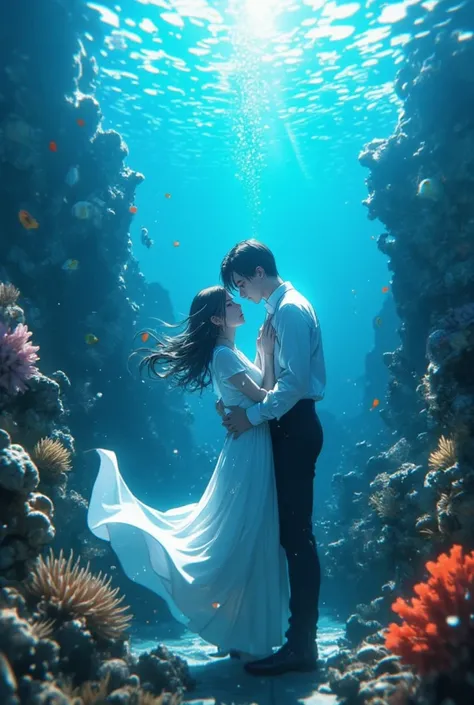 Masterpiece, high quality, anime, couple underwater, in the ocean, cinematic scene, 