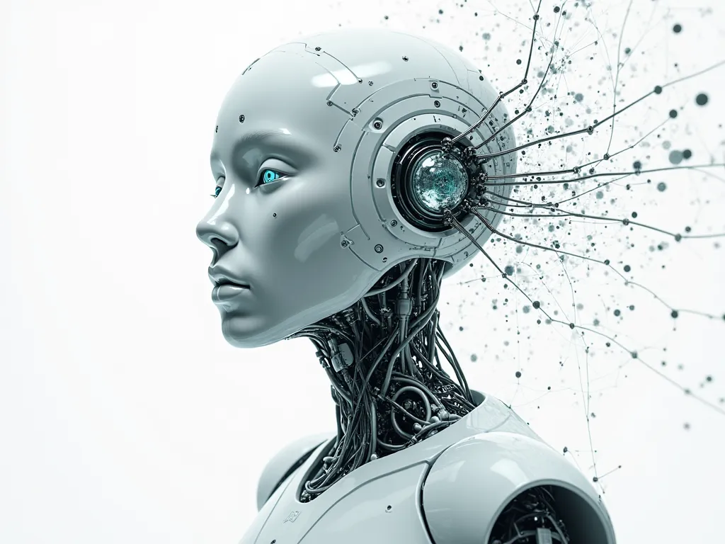 robot head among neurons, matrix codes. On a white background