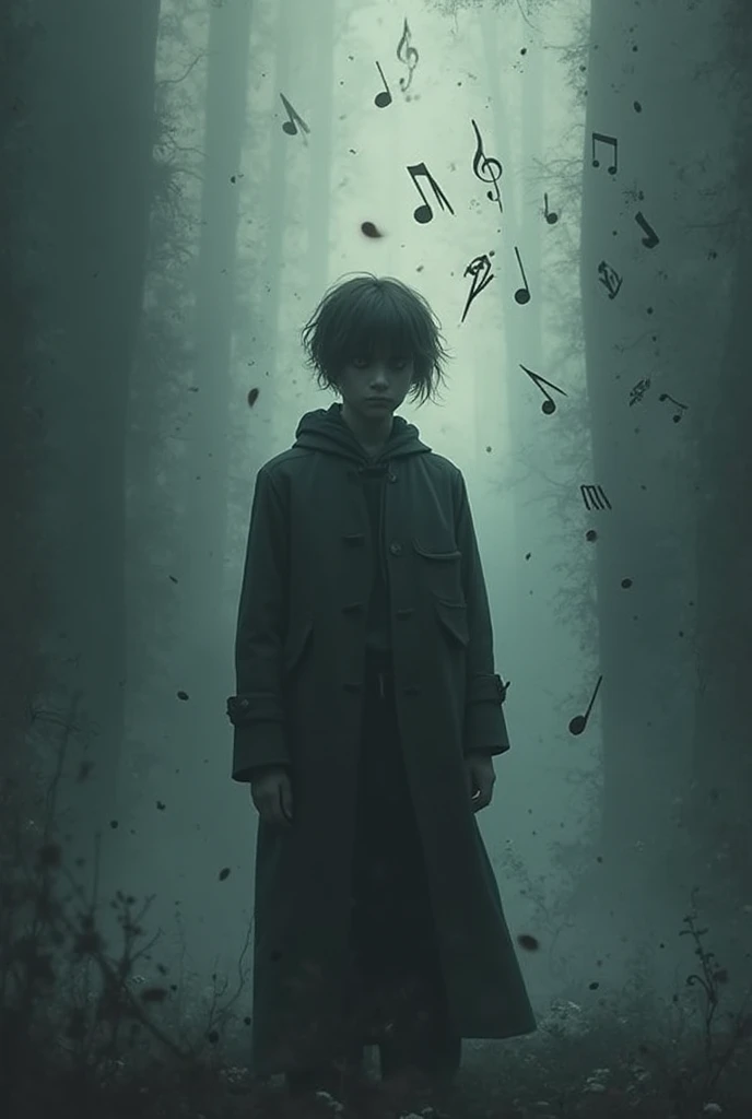 Create a cover with photo and sad music theme with musical notes
