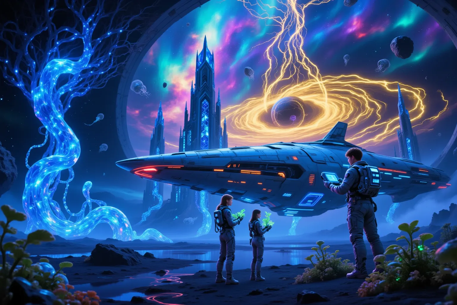standing in front of a streamlined spaceship, tech-savvy explorers couple,female handheld glowing plant sample,male operation ho...