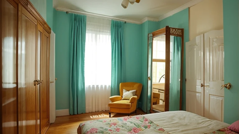 Make a picture with a dressing screen in the style of a Soviet cartoon, in pastel technique. background plain bluish, bed colors...