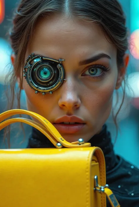 **Very beautiful futuristic woman**, **a detailed bionic eye**, **part of her face covered by smooth metal**, **simple unadorned...