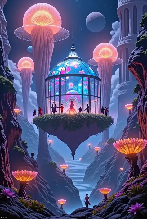fascinating celestial scene depicting a futuristic greenhouse floating in space, fish are bright, giant space flowers 々illumina...