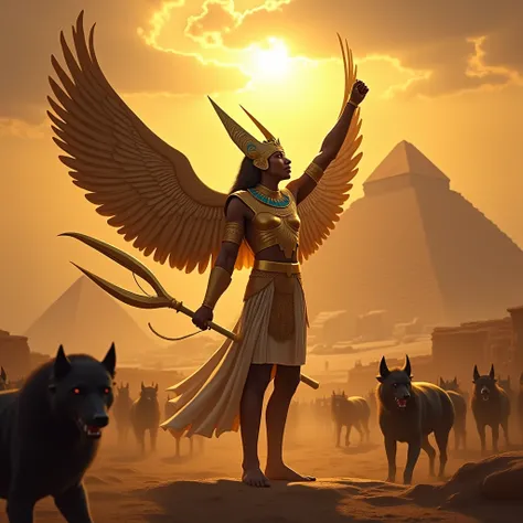 Old Egypt, a god on the battlefield with his army in front of the Sphynx. Gold equipment with staff weapon, headdress and wings....