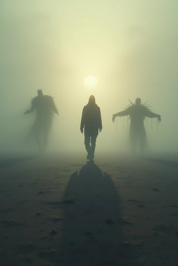 I want a picture that expresses walking towards the unknown with shadows of monsters in the background with the application of t...