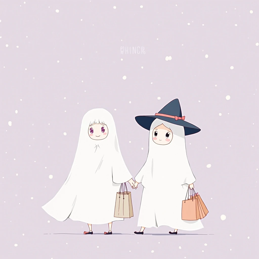 Minimalist Studio Ghibli style illustration, of TWO GIRLS DRESSED AS GHOSTS (with white sheets and cute eyes) shopping together....