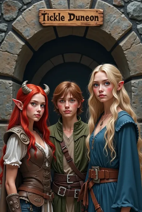 D&D, dungeons and dragons party, 3 people: one red haired girl warrior with little horns and freckles; one long haired wizard bo...
