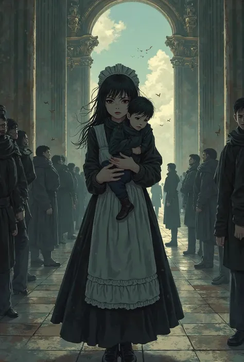 Drawing a maid and her son hated by everyone, anime style, dark color gamut , They are in the palace.