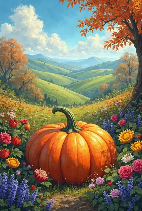 An image of a pumpkin in a garden smelling flowers that you can see many colors in flowers and green hills and a blue sky