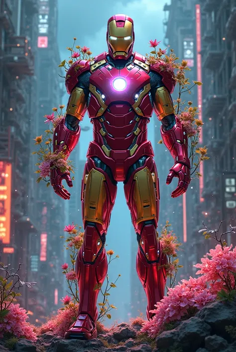 Iron man, cyber flora, neon colors, neon lights,marvel