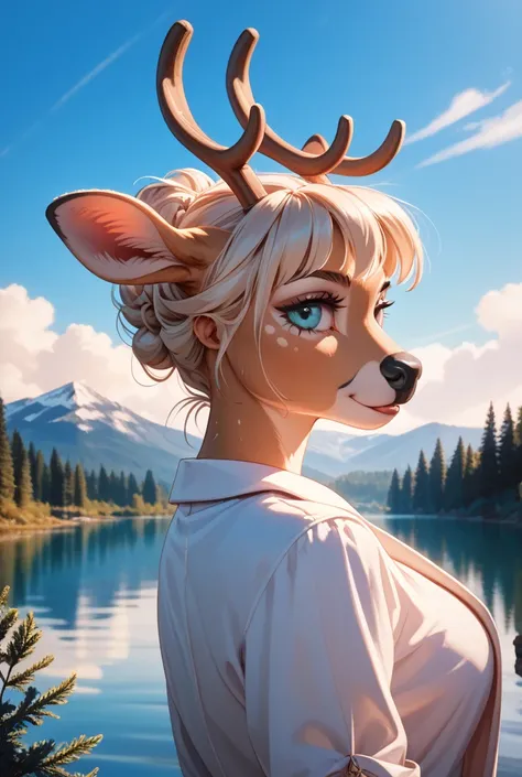> A realistic and elegant female anthropomorphic reindeer with natural fur color, soft gentle expression, and mature hairstyle. ...