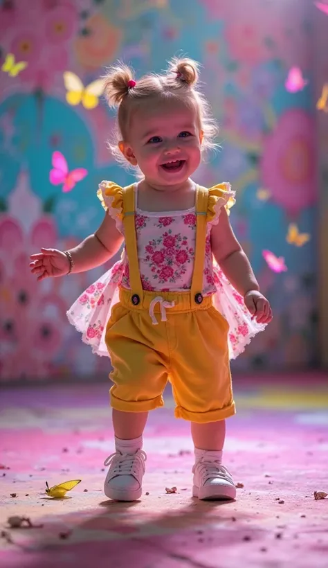 A baby in a flowery pink and white dress, swirling in a garden full of butterflies .
A baby in a bright yellow jumpsuit and wh...