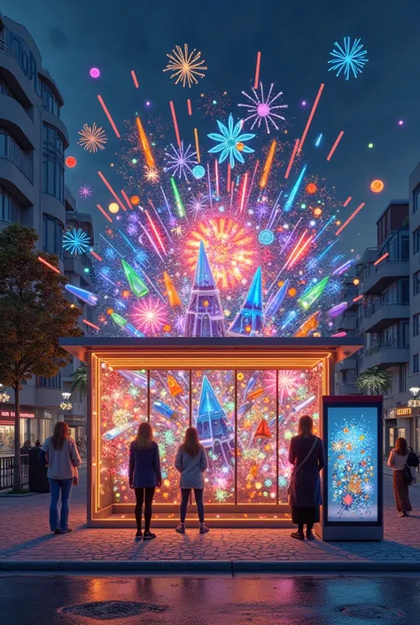 Create a bus stop with a fireworks concept.