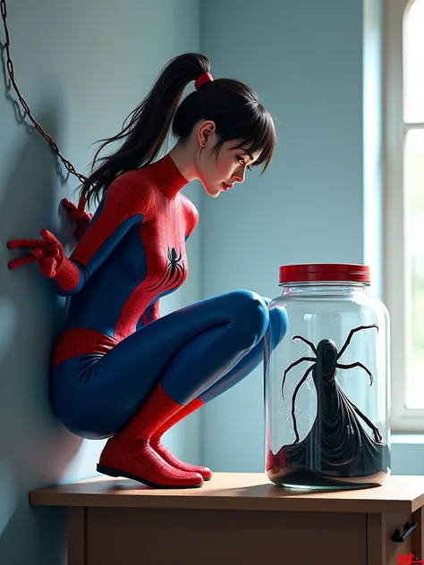 Woman in Spiderman costume without a mask in the room climbing on the wall seeing a transparent glass jar sealed on the desk wit...