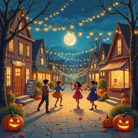 A festive village square on the island of Ohio during Halloween night, illustrated in hand-painted ren’s book style. The center ...