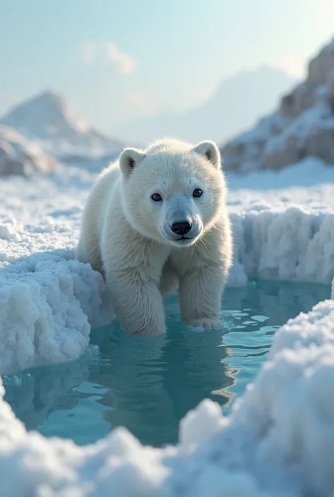 create realistic 3d ai animation, a polar bear cub falls into an icy abyss with water, the image is taken from above the polar b...