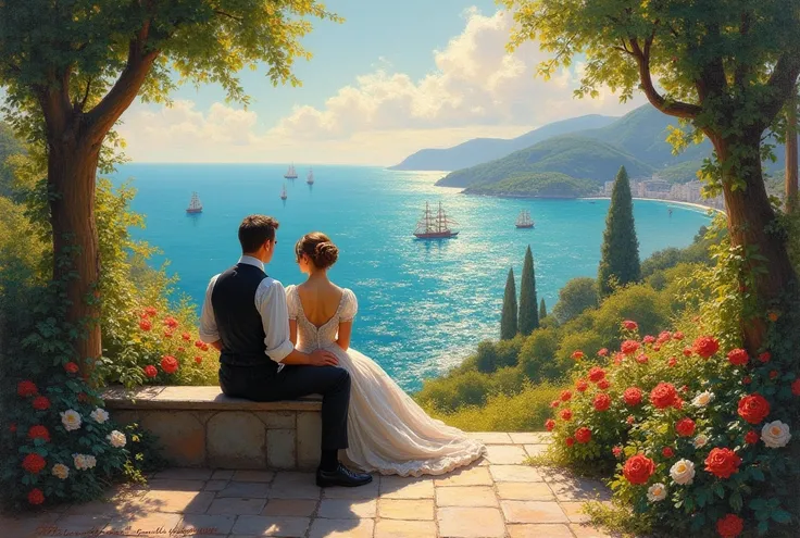 Painting of a couple sitting in a garden overlooking the ocean and a squadron of ships on the horizon, inspired by Claude Monet ...