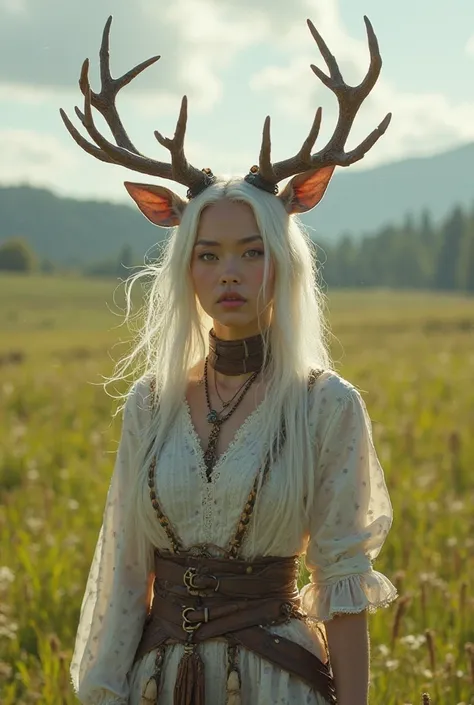 Upper body shot, woman with deer antlers, white hair, closed mouth, antique travel outfit, dynamic pose, complex fantasy charact...