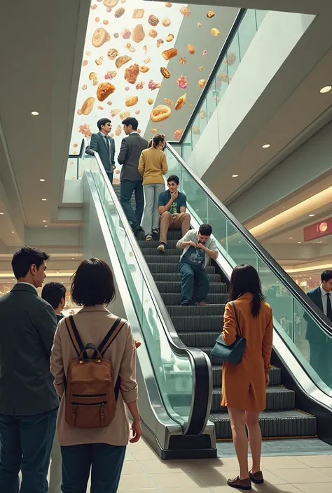 People are doing their own thing. The food is slowly falling from the escalator.