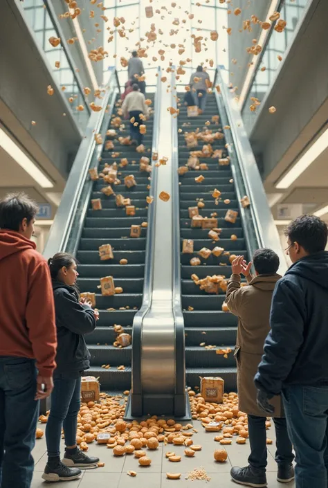 People are doing their own thing. The food is slowly falling from the escalator.