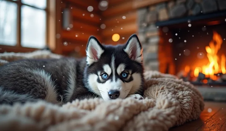 A fluffy Siberian Husky puppy with striking blue eyes is curled up on a thick blanket beside a warm fireplace. The rustic cabin ...