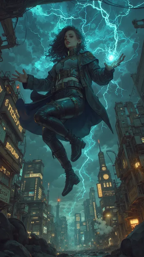 A dark magician girl,floating around in a steam punk style panoramic scene,is filled with the energy of lightning magic,4k HD,hi...