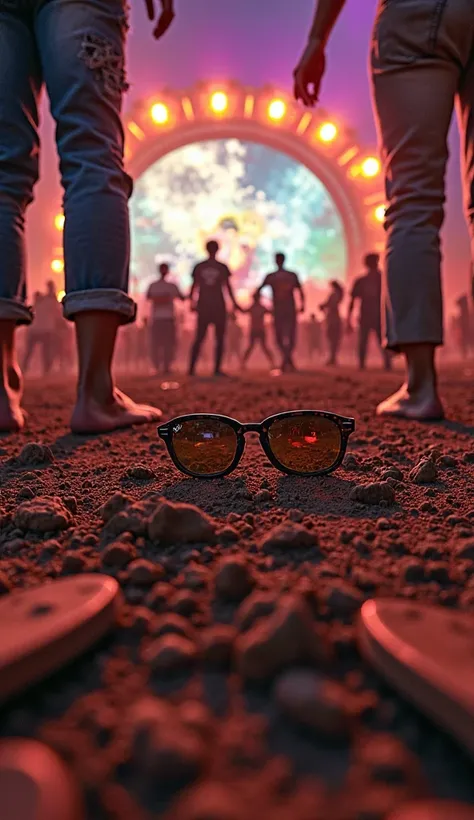 "POV of you looking down: your bare feet on the dirt of Rock in Rio, marked by dust and small pebbles. Around you, half-buried H...