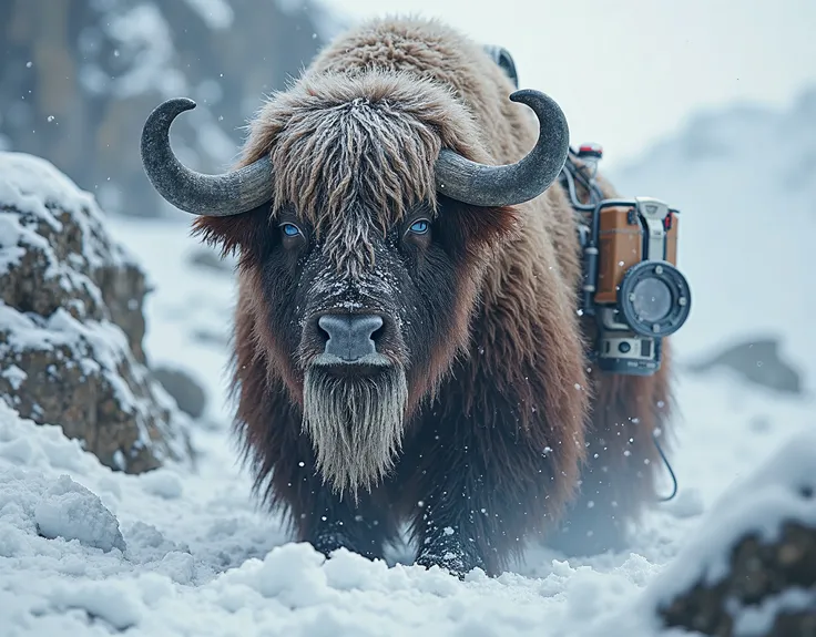 `Musk ox with first aid kit, ice-encrusted beard, thermal camera collar, oxygen tank using hollow hair structure, avalanche debr...