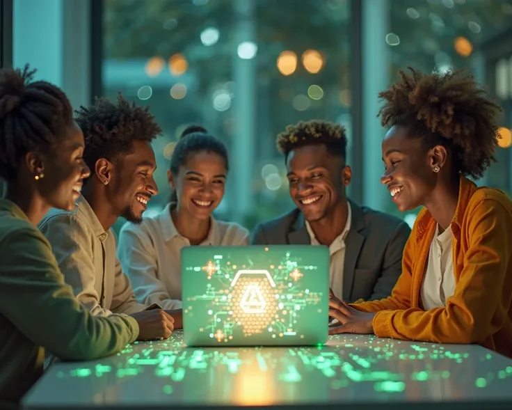 Create an image of a team of different races dressed in social clothing, Working with laptop with AI shining on the screen, chat...