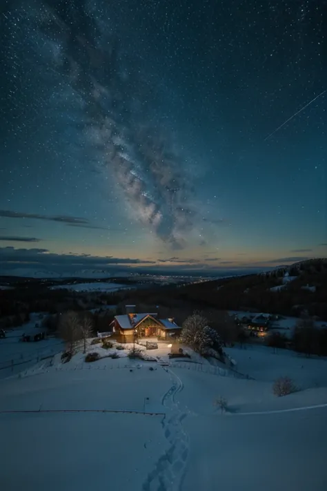 photorealistic beautiful winter landscape at night with a clear sky. The stars are shining and the Milky Way can be seen.