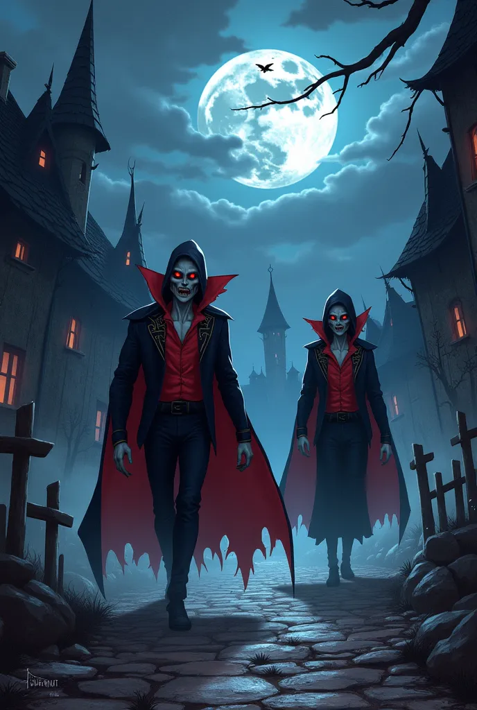 Vampire couple from terrifying villages illustrated in the Pokemon TCG style