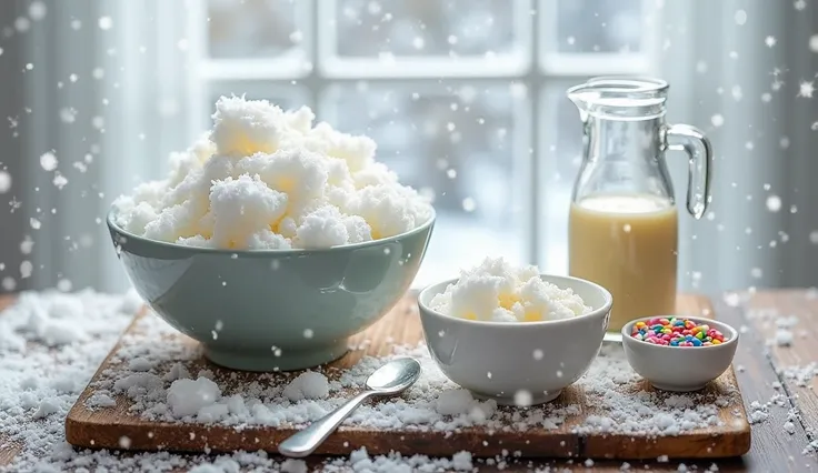 A flat lay of ingredients for making snow ice cream, arranged neatly on a rustic wooden surface. Include a large bowl of fresh, ...